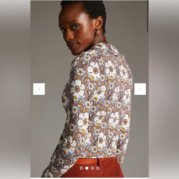 Maeve by Anthropologie Blue Motif Ruched Long Sleeve Shirt Size Medium - Picture 2 of 8